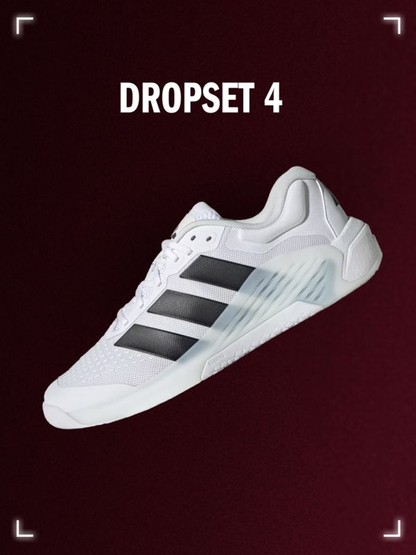adidas Dropset 4 training shoe with white upper and black stripes